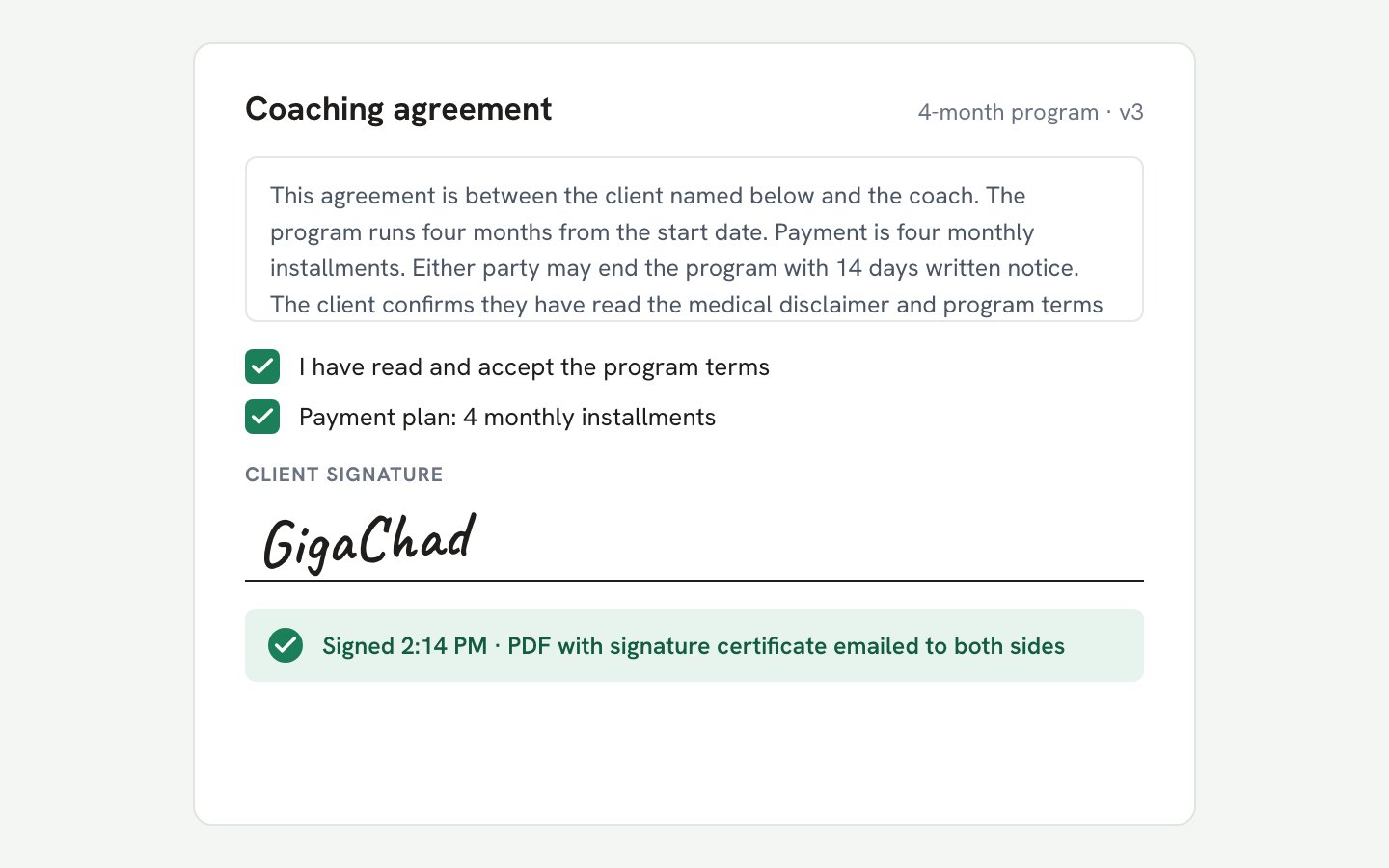A signing page with accepted terms, a drawn signature, and a signed PDF delivered