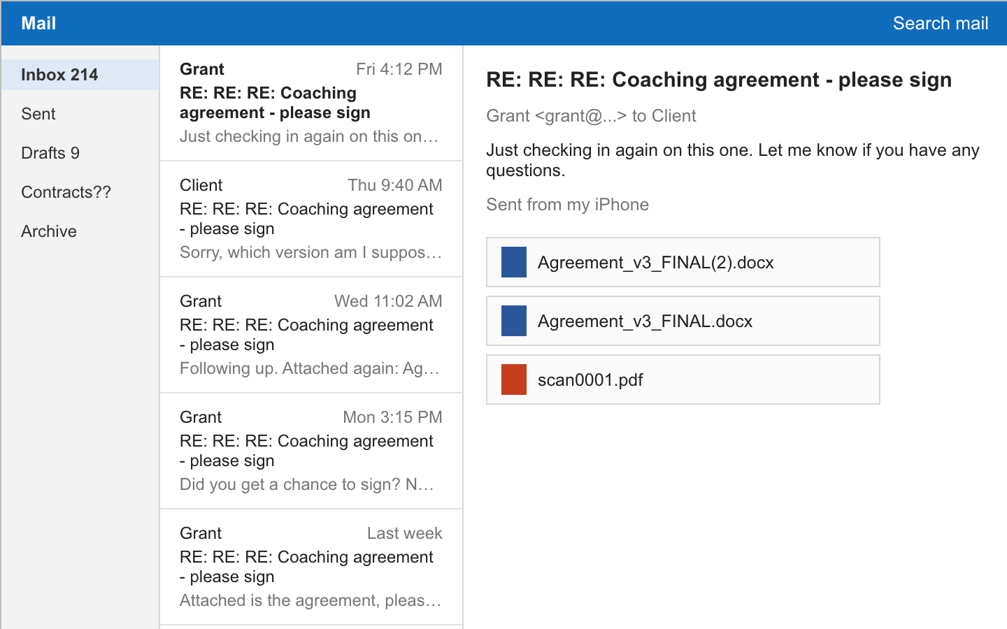 An email thread chasing a signature with three versions of the agreement attached