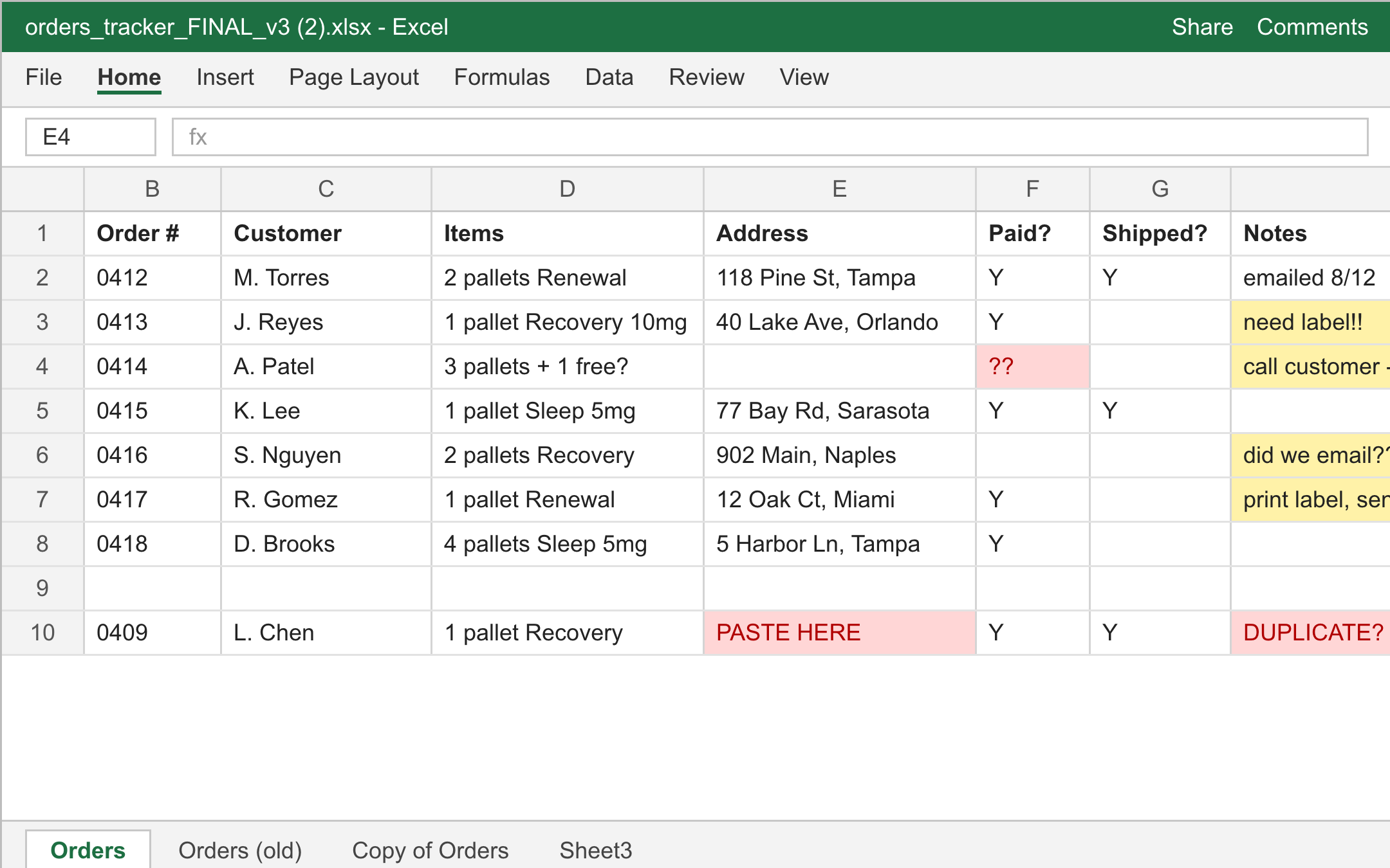 A spreadsheet of orders with highlighted cells, missing addresses, and hand-typed notes