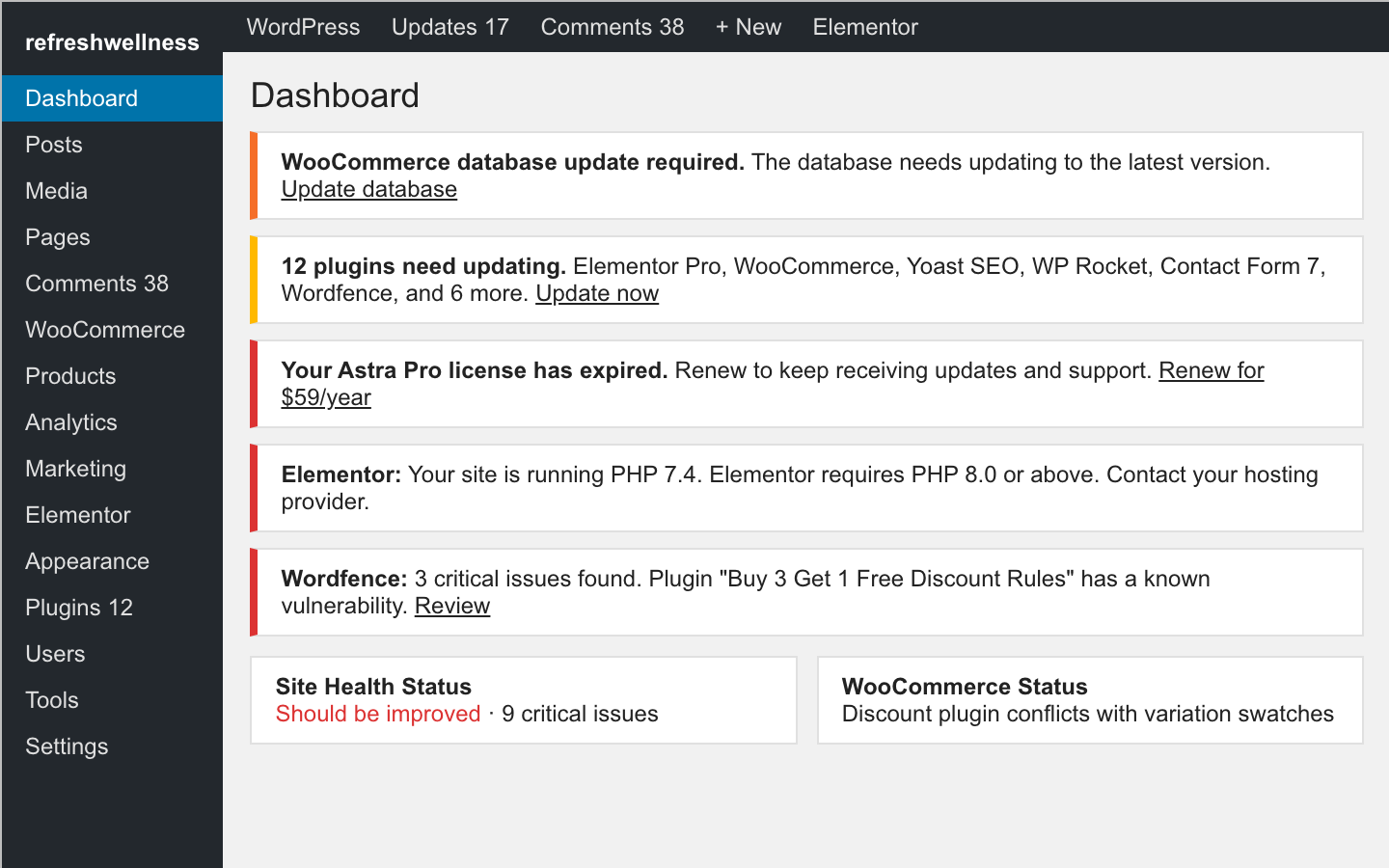 A WordPress dashboard full of plugin update, license, and security notices